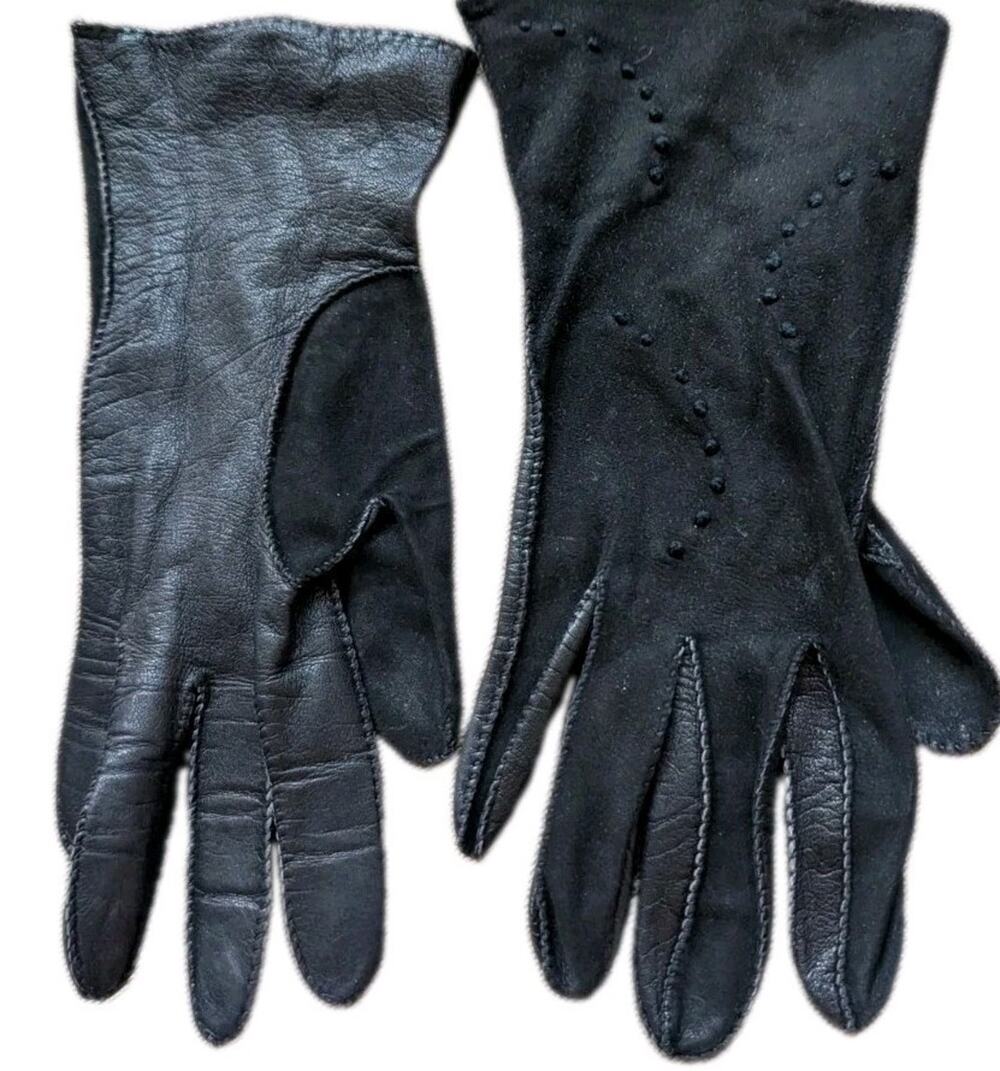 Vtg Black Leather Top Stitch Gloves Women Kid Skin France 9" 6.5